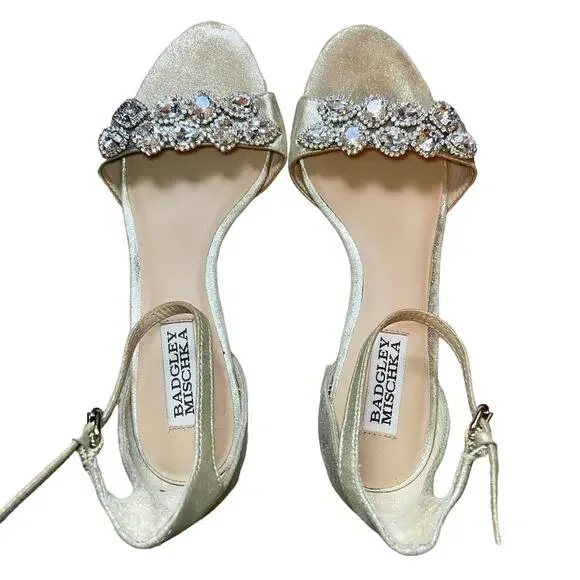 New Badgley Mischka Gold Leather Embellished Chunky Heels Ankle Strap Size 6 - Picture 2 of 10